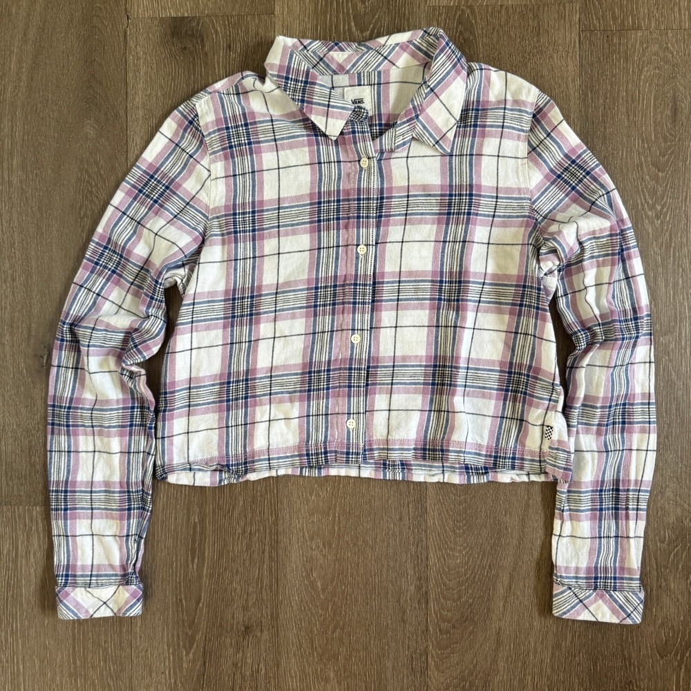 Vans Flannel Shirt Women XL White Purple Plaid Cropped Long Sleeve VN0A4BG8FS8